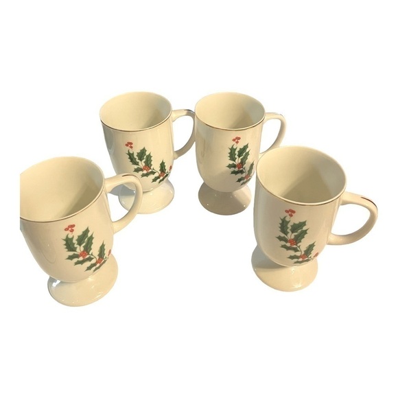 CHRISTMAS Holly footed mugs set of 4 Japan - Picture 9 of 13